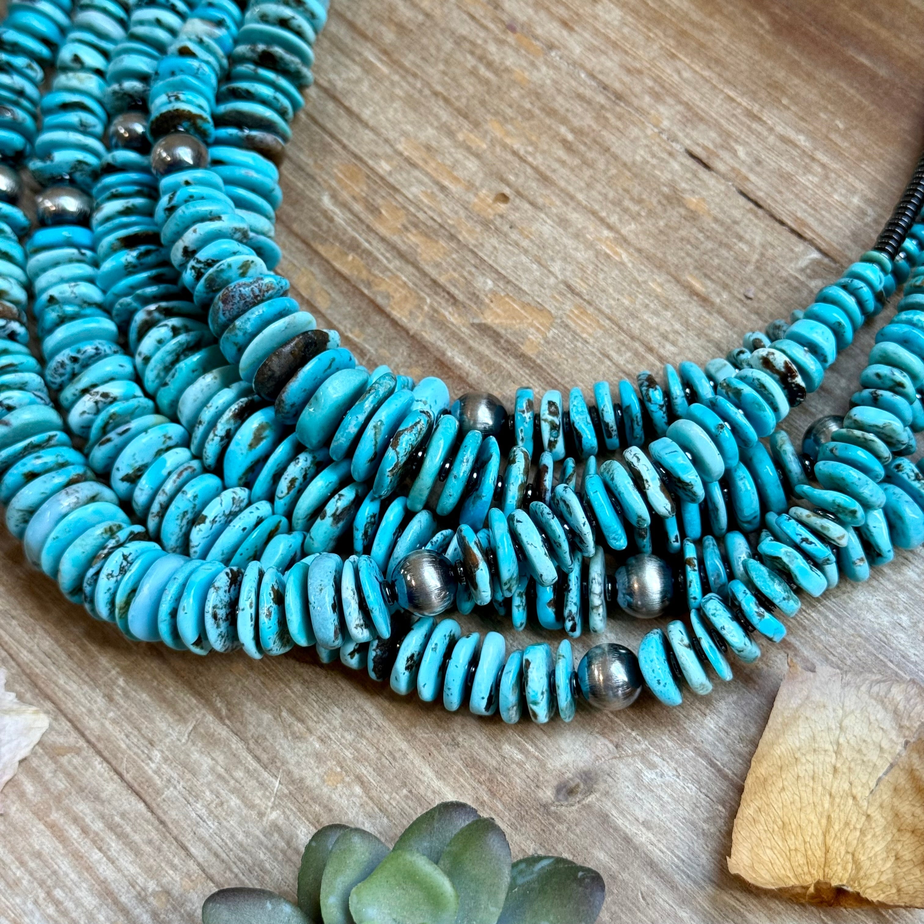 23” Ice Blue Turquoise Graduated Necklace – Sterling Silver & Hematite