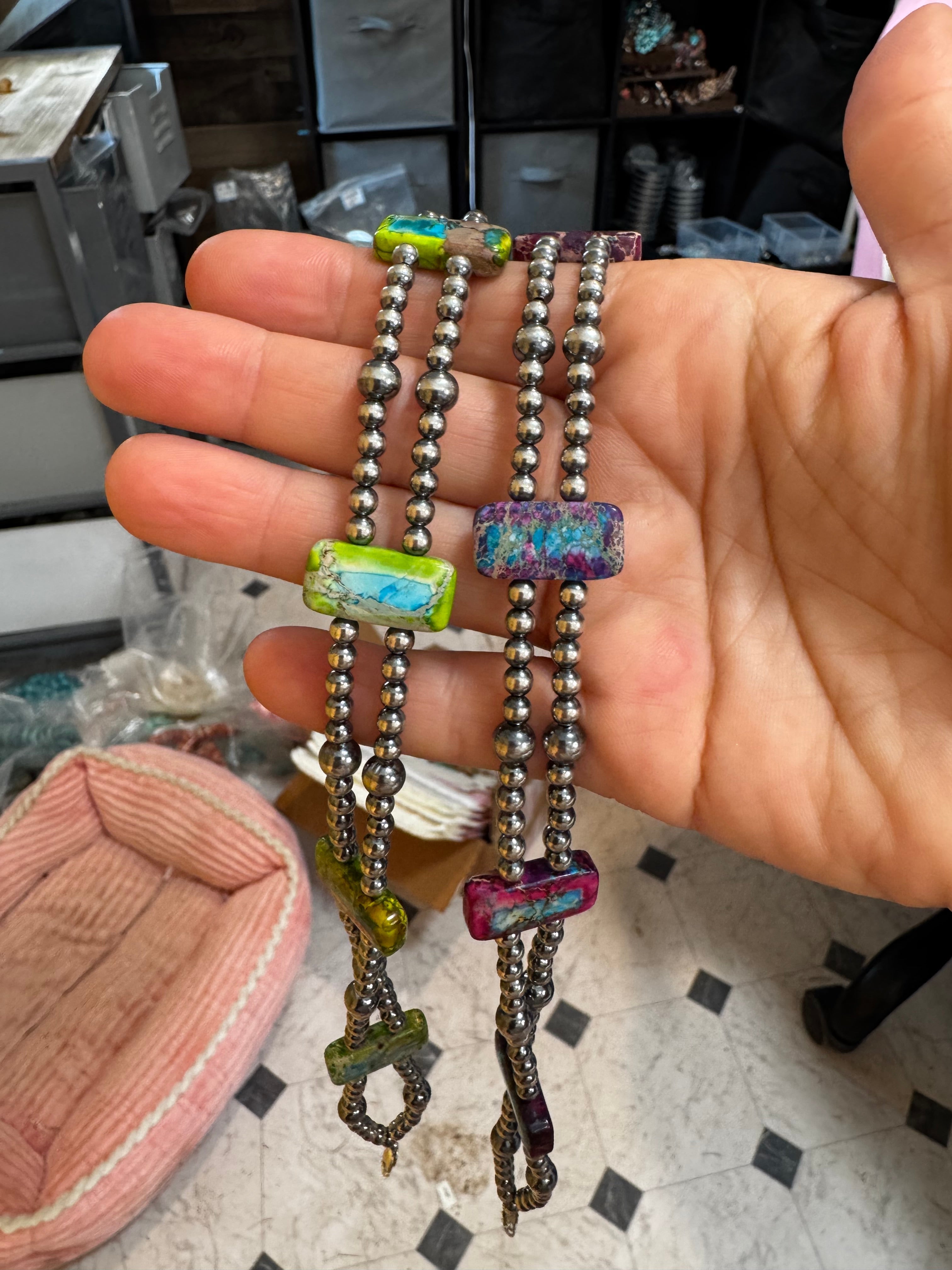 Green/Blue Double Strand Necklace – 13” Beaded – Sterling Silver Pearls & Rectangle Variscite Turquoise