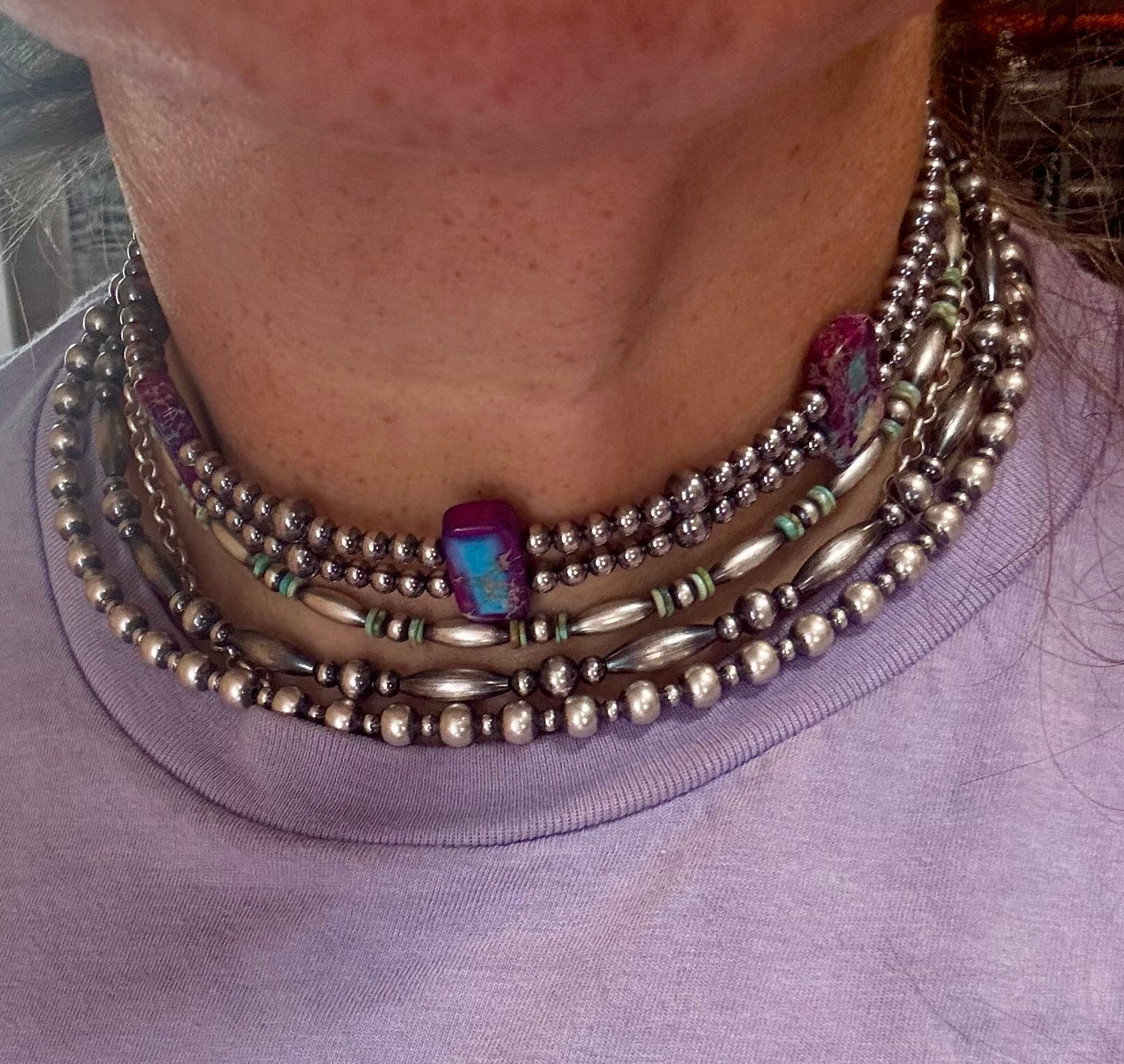 Green/Blue Double Strand Necklace – 13” Beaded – Sterling Silver Pearls & Rectangle Variscite Turquoise