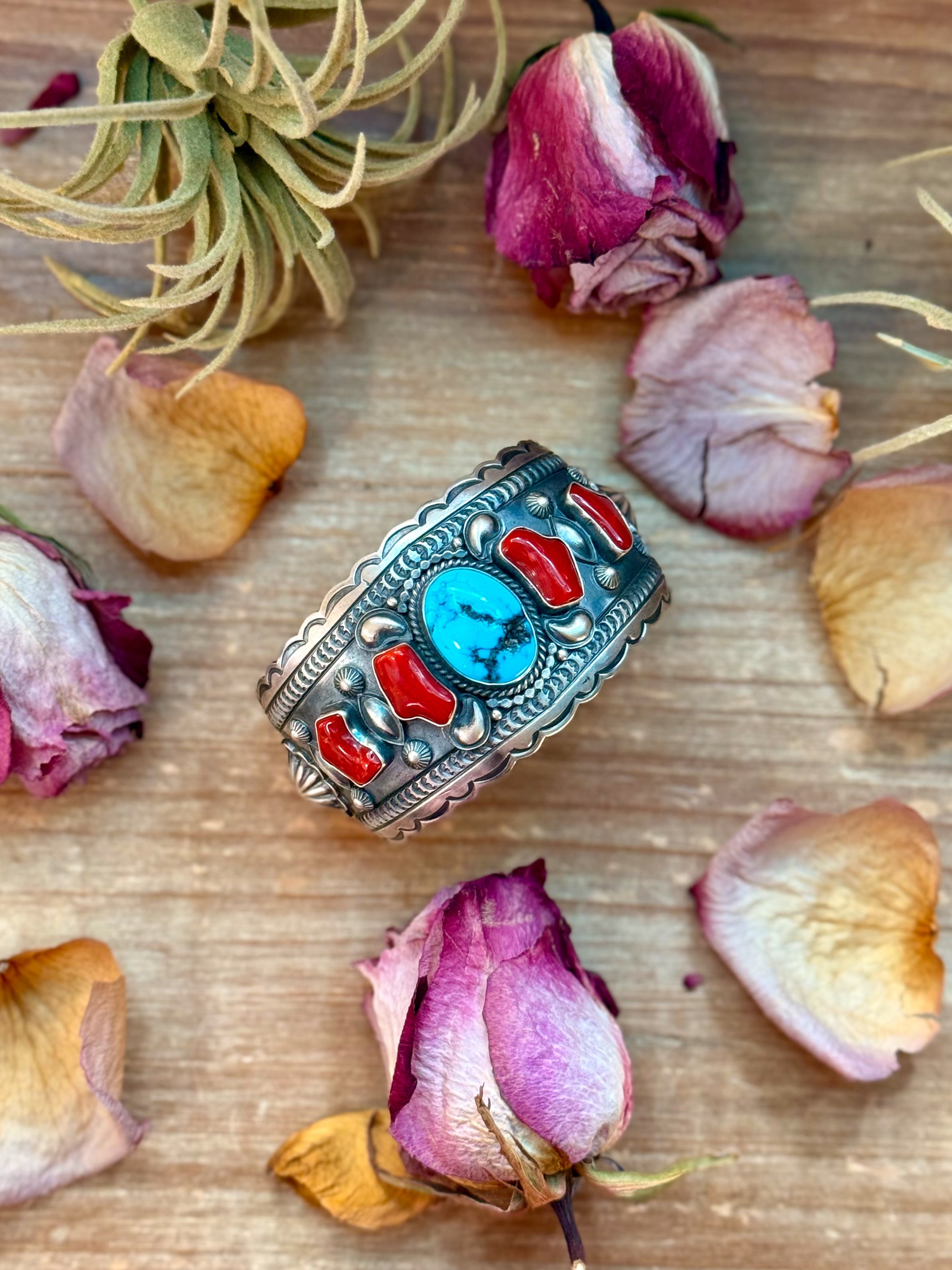 Coral & Turquoise Sterling Silver Cuff Bracelet – Stamped Errick