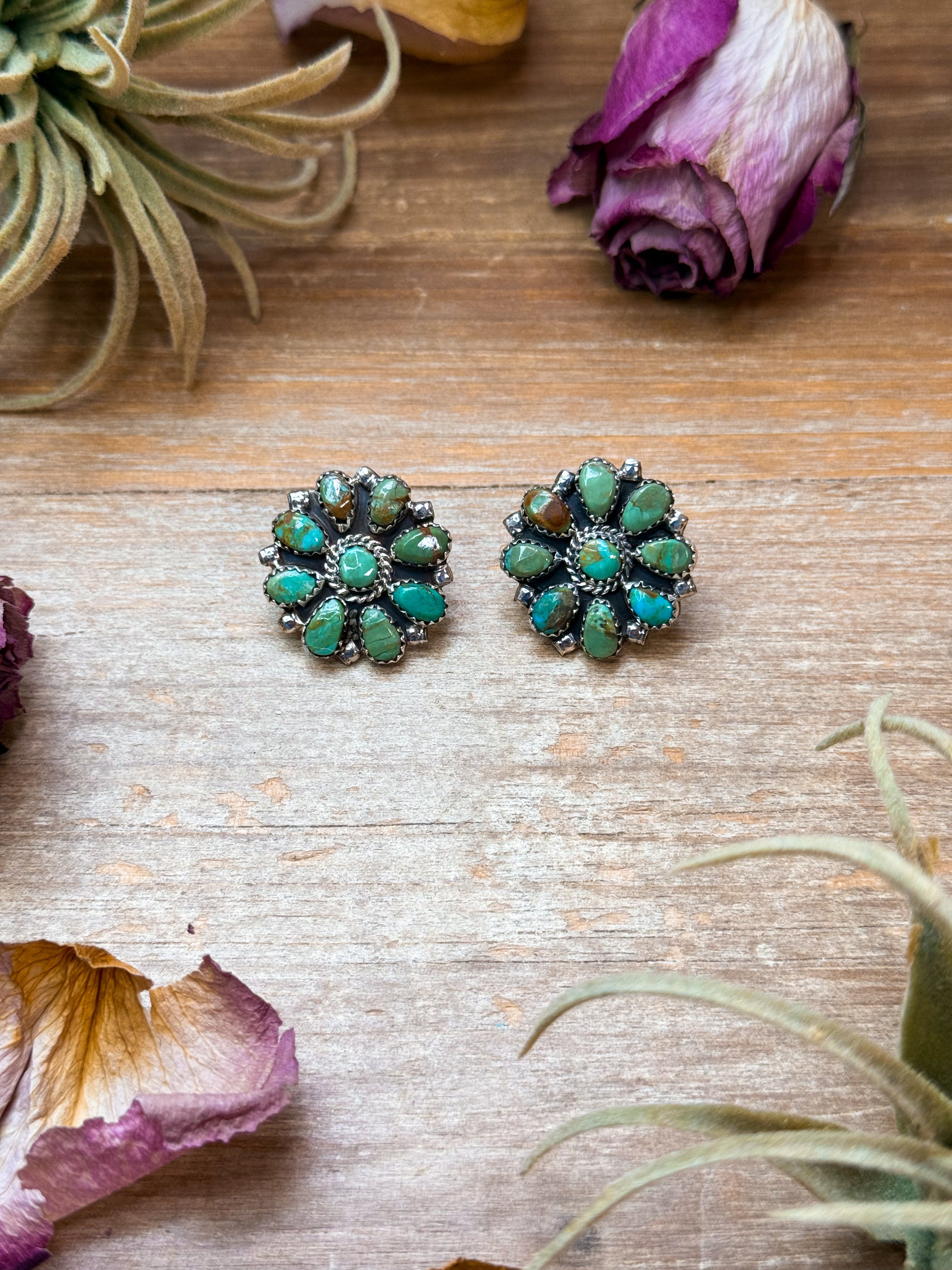 Sterling Silver Green Turquoise Cluster Earrings